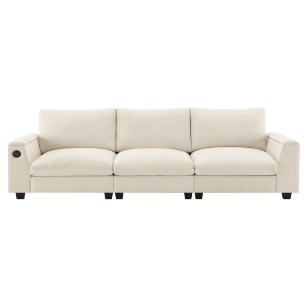 Sectional With Bluetooth Speaker Comfy Cloud Couch Set With Drop Down Table Cup Holders, USB Charger Storage Armrest Wide Seat Sofa - Beige