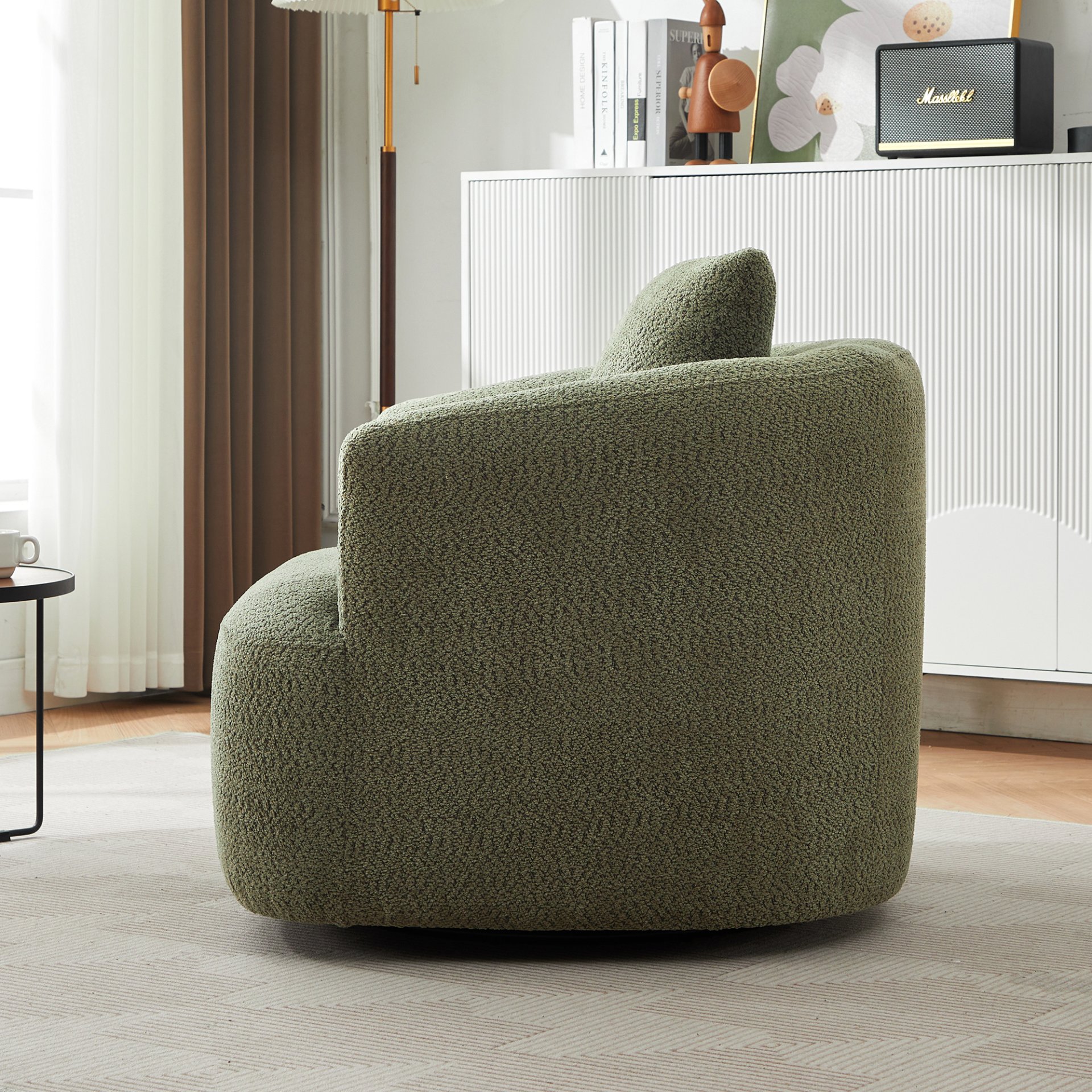 360° Swivel Chair, Chenille Upholstered Barrel Sofa Chair With Throw Pillow, For Living Room, Office - Green - Image 9