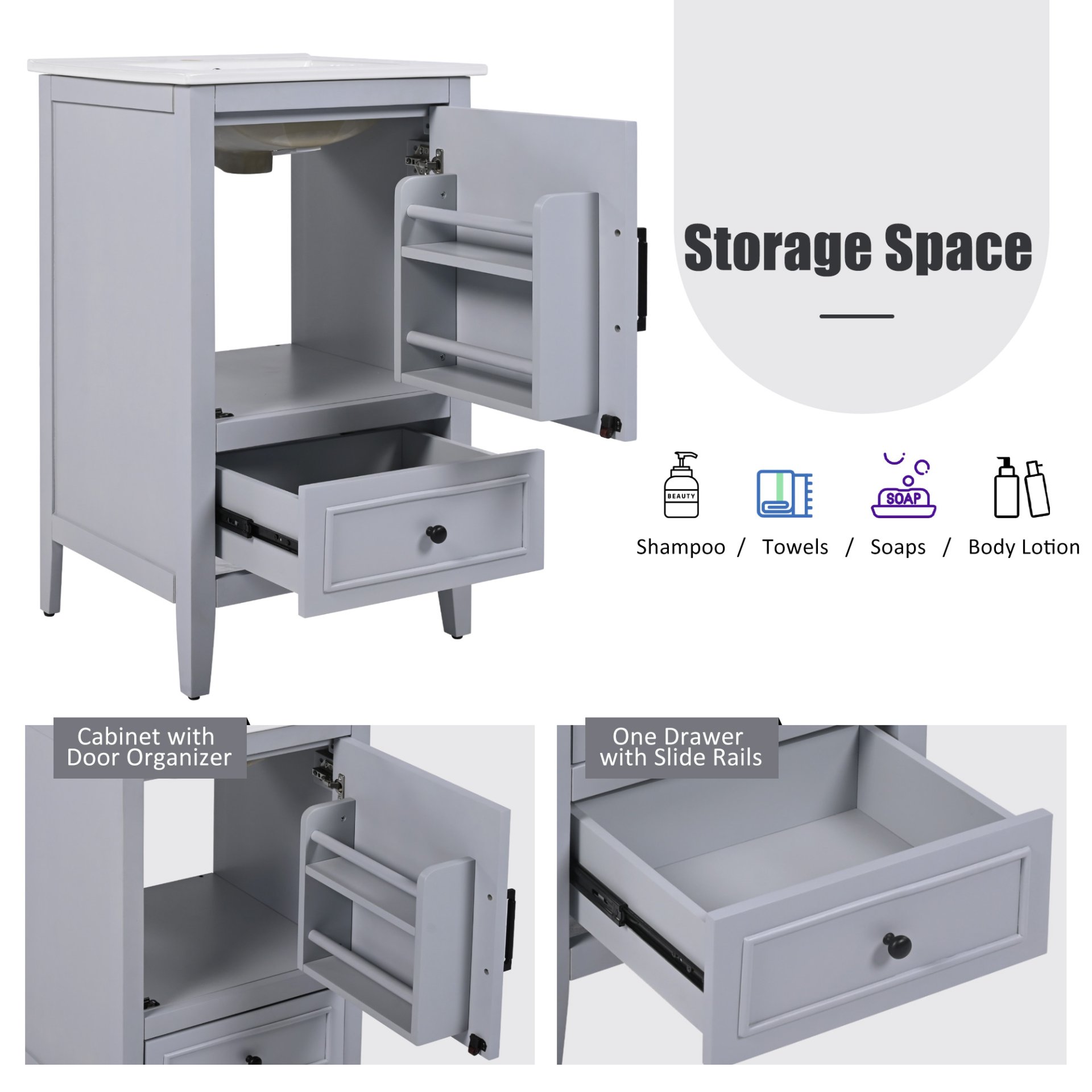 20" Bathroom Vanity With Sink, Bathroom Cabinet With A Door, Door Shelf Storage And Adiustable Foot Pads, A Drawer - Gray - Image 7