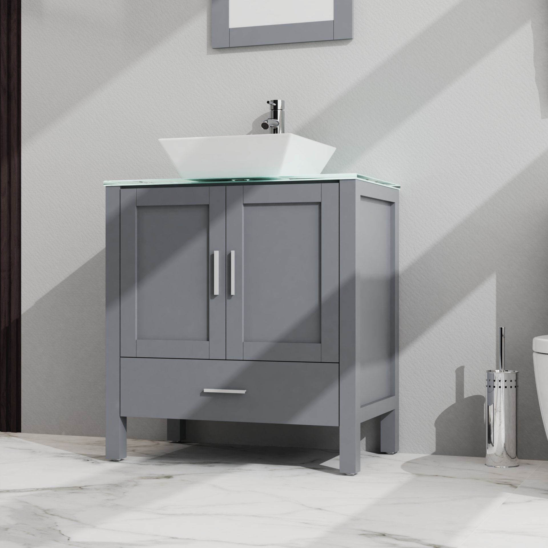 Bathroom Vanity And Sink Combo Glass Top Cabinet With Mirror - Gray - Image 5