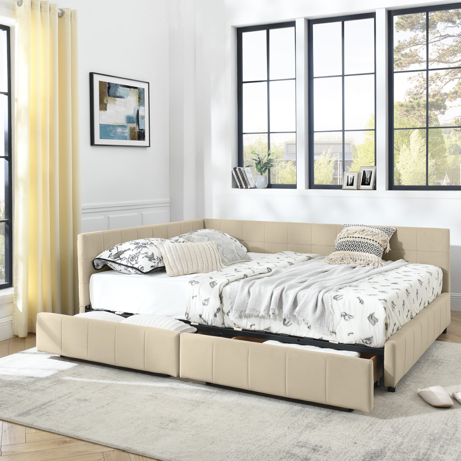 Mid Century Velvet Upholstered Tufted Queen Size Storage Bed Frame With Backrest And Armrests - Beige - Image 4