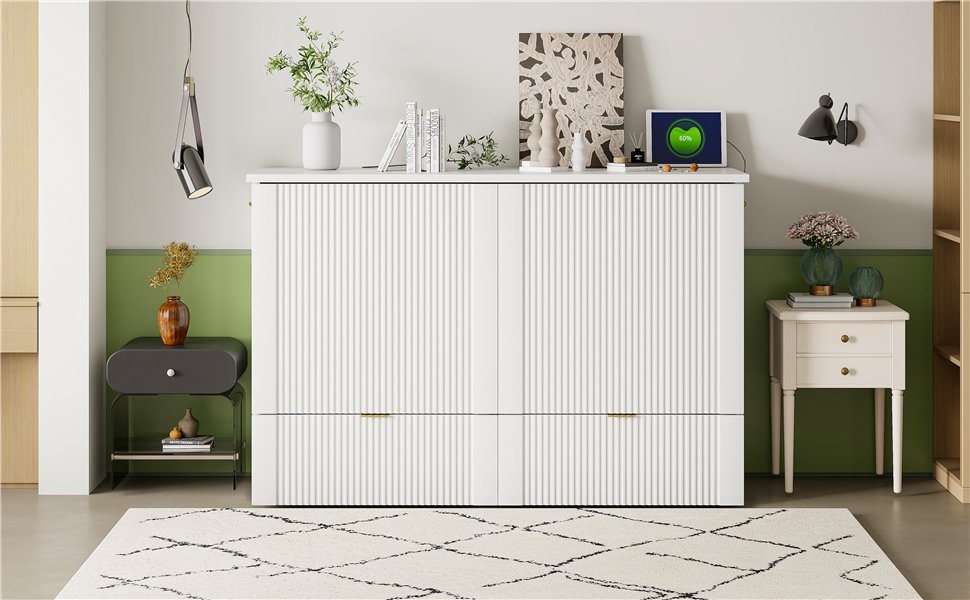 Full Size Murphy Bed With Drawer And A Set Of Sockets & USB Ports, Pulley Structure Design - White - Image 19