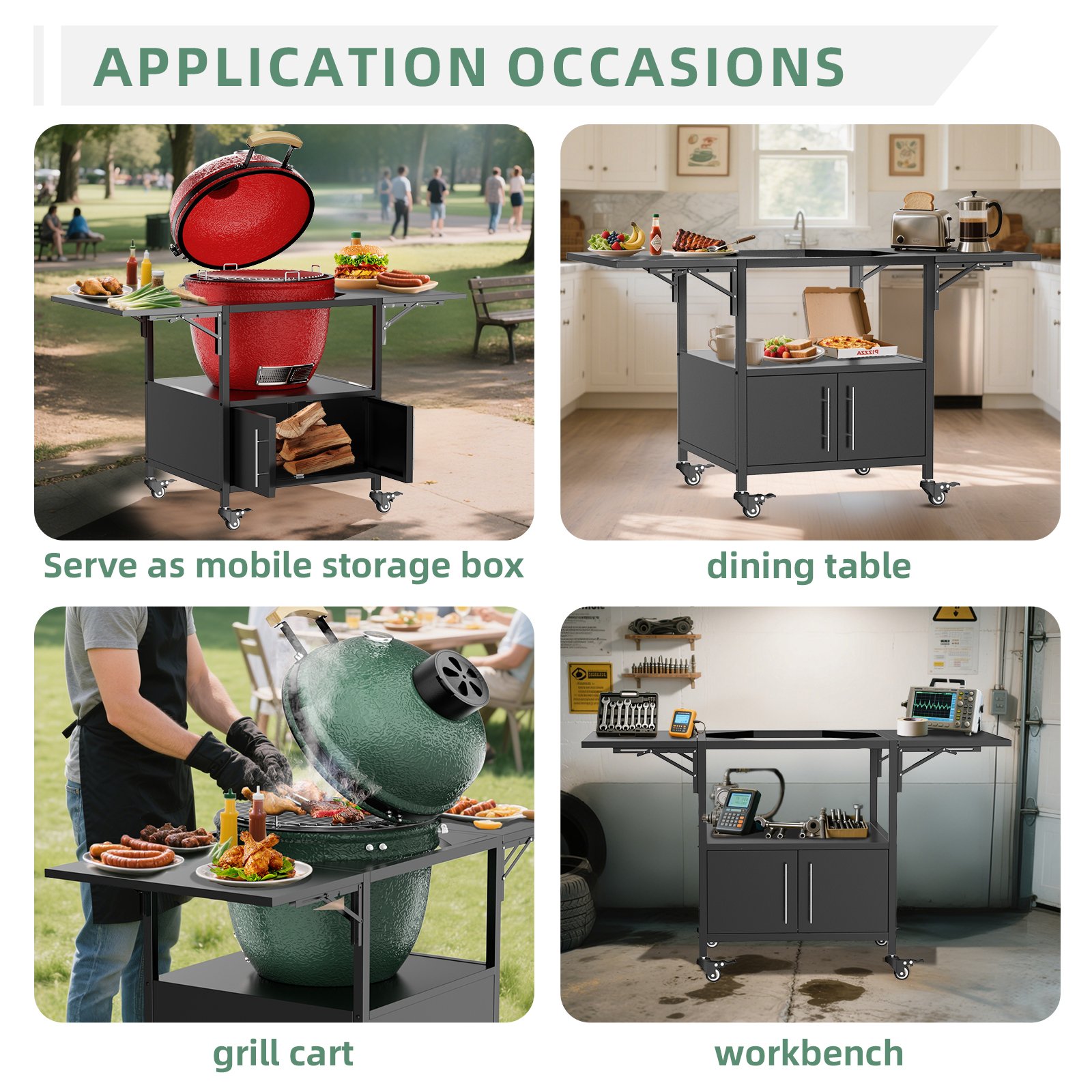 Outdoor Grill Table For Big Egg Style Bbq Metal Grill Cart With 2 Folding Panels Metal - Black - Image 8