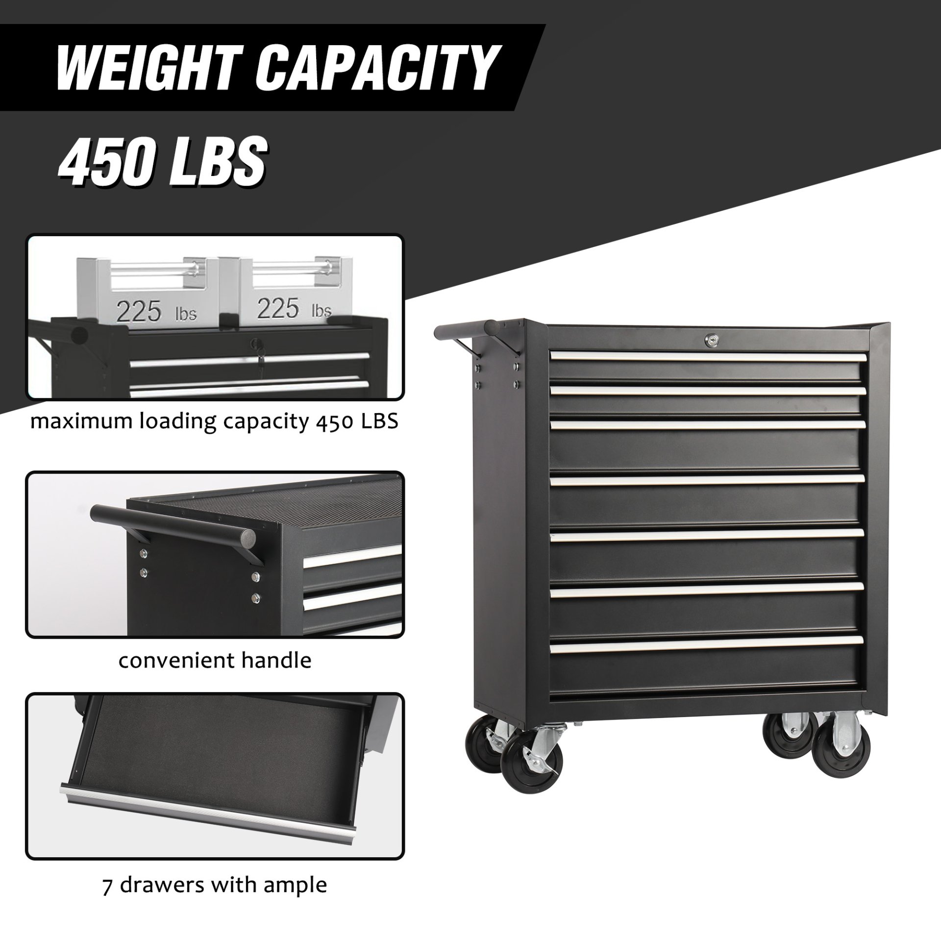 7 Drawer Rolling Tool Chest With Wheels, Multifunctional Tool Box And Storage Cabinet For Garage, Workshop, Or Repair Shop - Black - Image 6