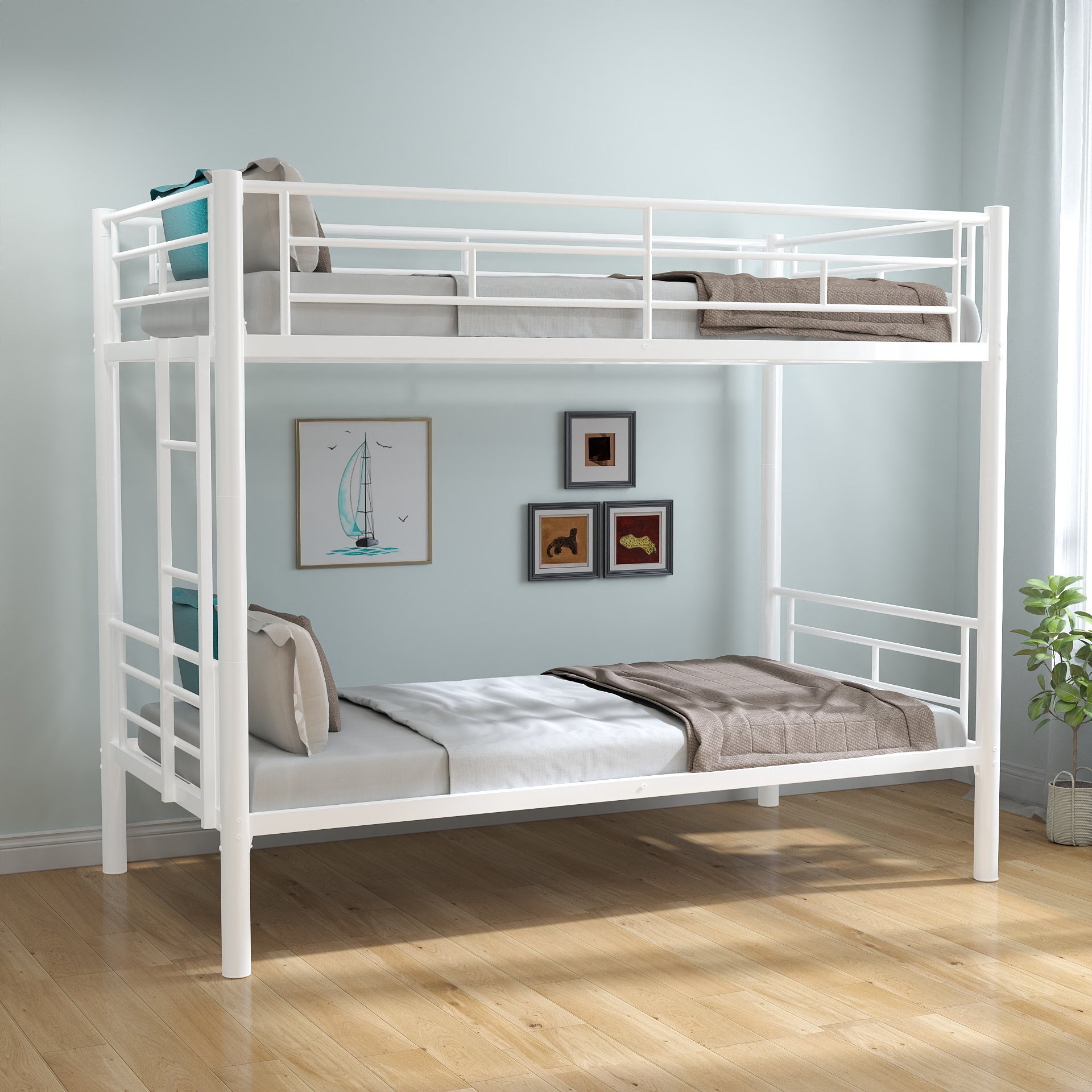 Twin Over Twin Bunk Bed With Ladder, High Guardrail, Storage, Noise Free - White - Image 19