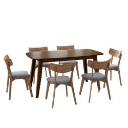 7 Piece Mid Century Dining Set With Walnut Frame, Upholstered Dining Chairs - Dark Gray / Walnut
