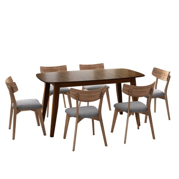 7 Piece Mid Century Dining Set With Walnut Frame, Upholstered Dining Chairs - Dark Gray / Walnut