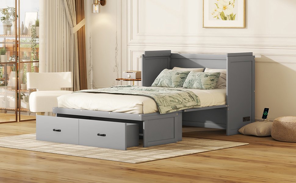 Full Size Murphy Bed With USB Port And A Large Drawer - Gray - Image 18
