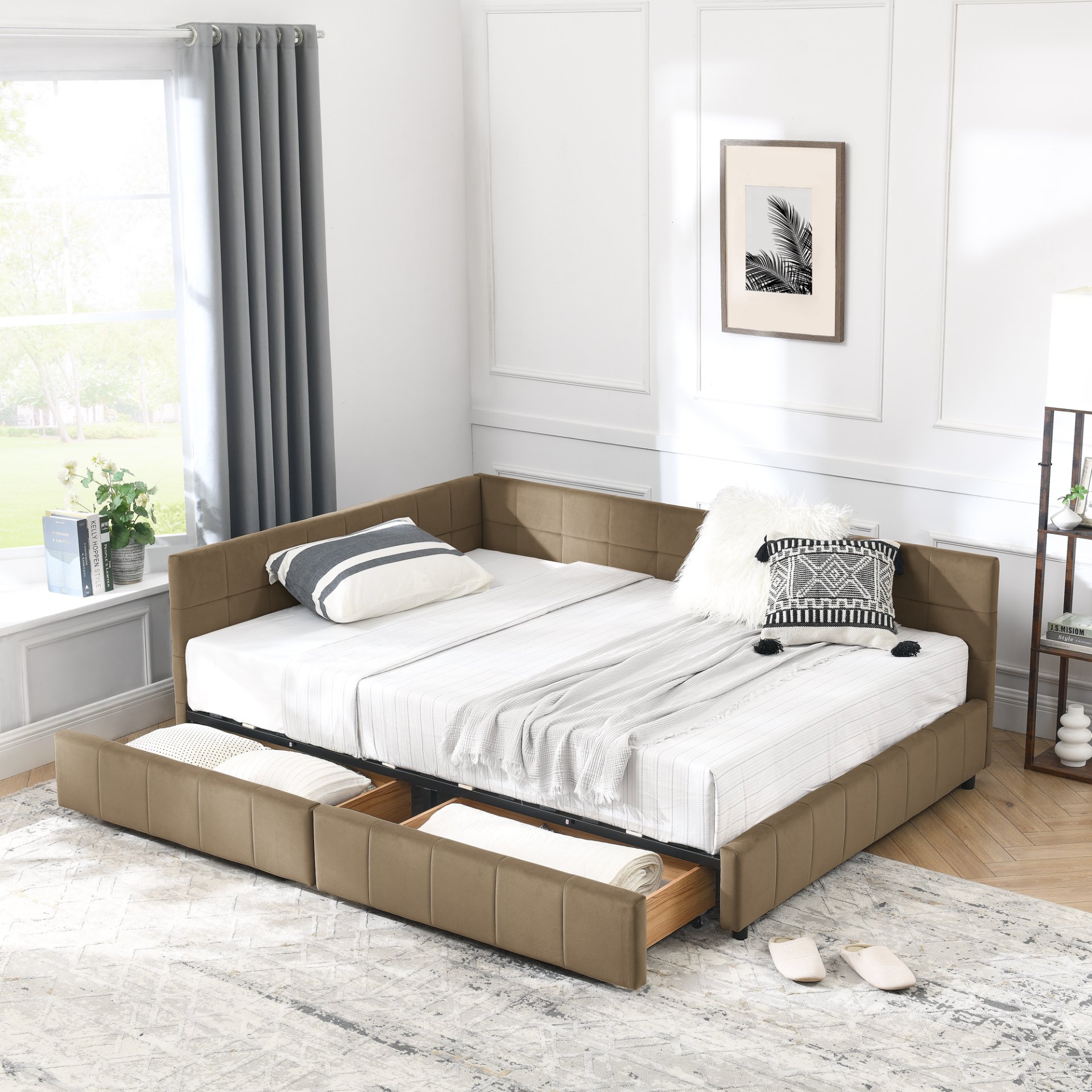 Mid Century Velvet Upholstered Tufted Full Size Storage Bed Frame With Backrest And Armrests - Brown - Image 4