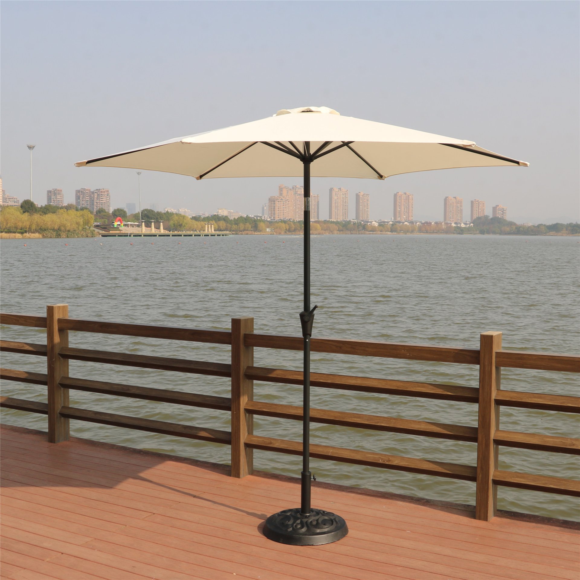 8.8' Outdoor Aluminum Patio Umbrella, Patio Umbrella, Market Umbrella With 33 Pounds Round Resin Umbrella Base, Push Button Tilt And Crank Lift - Creme - Image 2