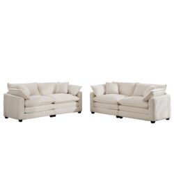 Modern Fabric Living Room Sofa 2 Pieces Set With 8 Cushions Corduroy Upholstery, Large Deep Seat - Beige