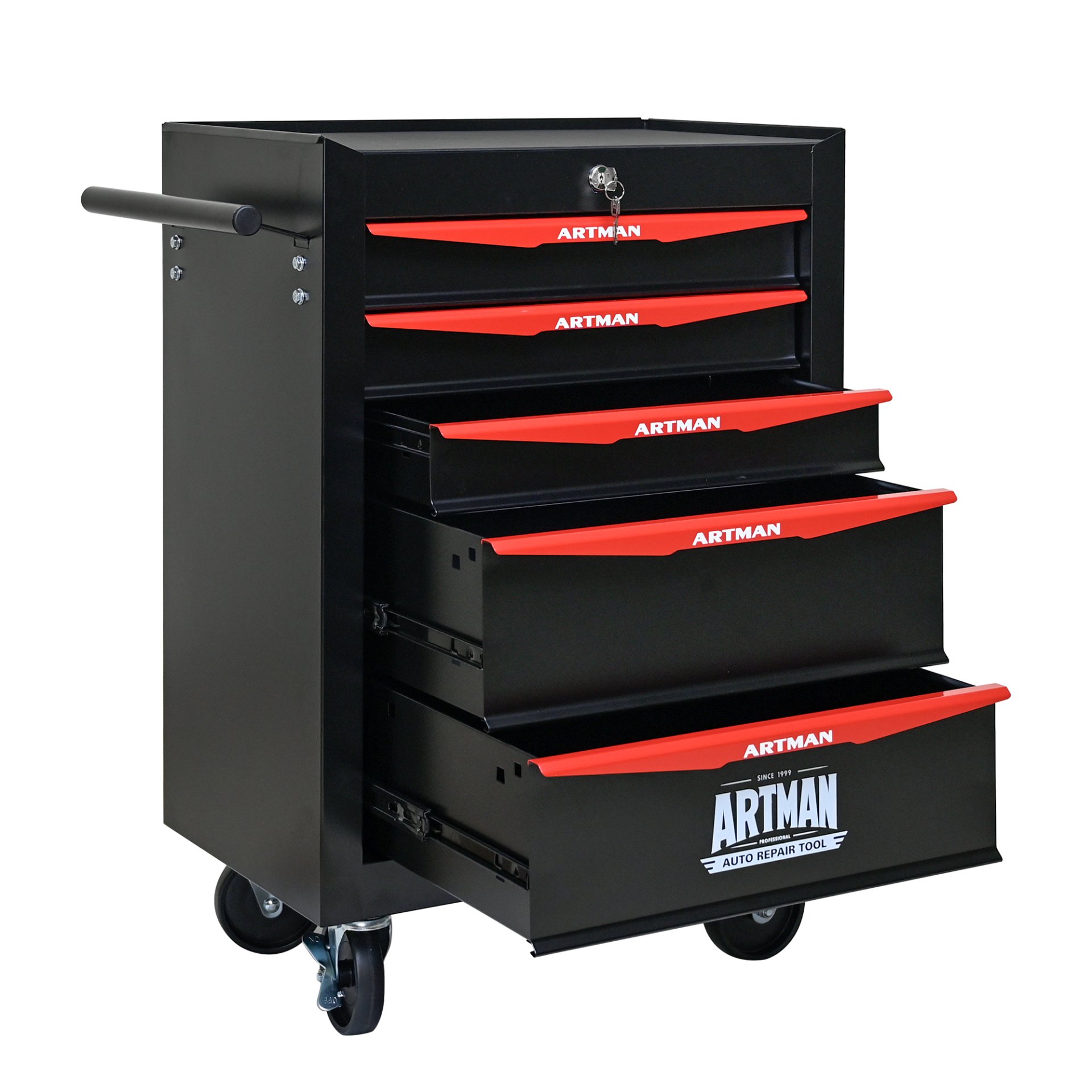 Rolling Metal Tool Chest With 5 Drawers, 20" Steel Storage Cabinet With Ball Bearing Slides - Black / Red - Image 11