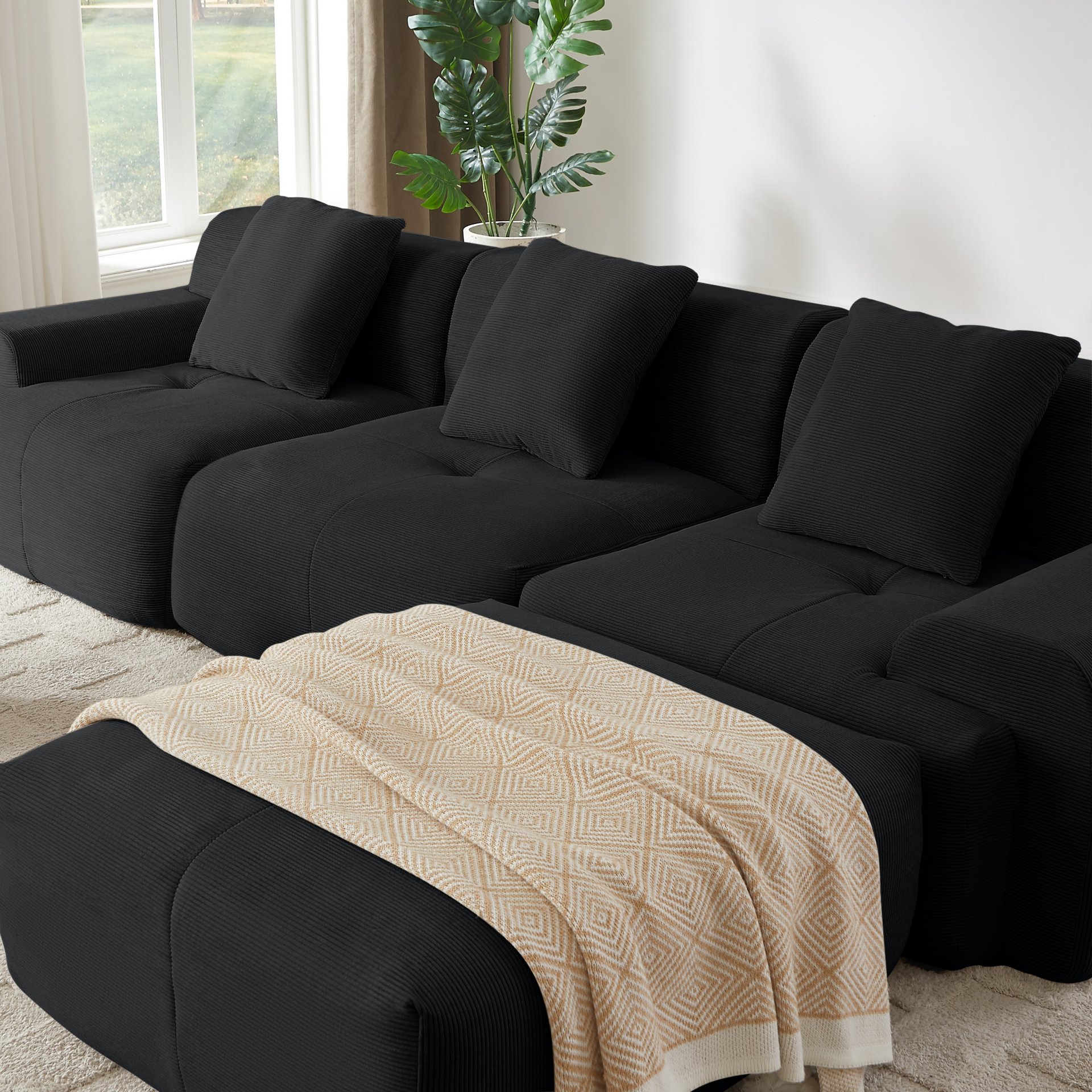 L Shaped Modular Sectional Sofa, Oversized 3 Seater With Deep Seat And Movable Ottoman - Black - Image 5