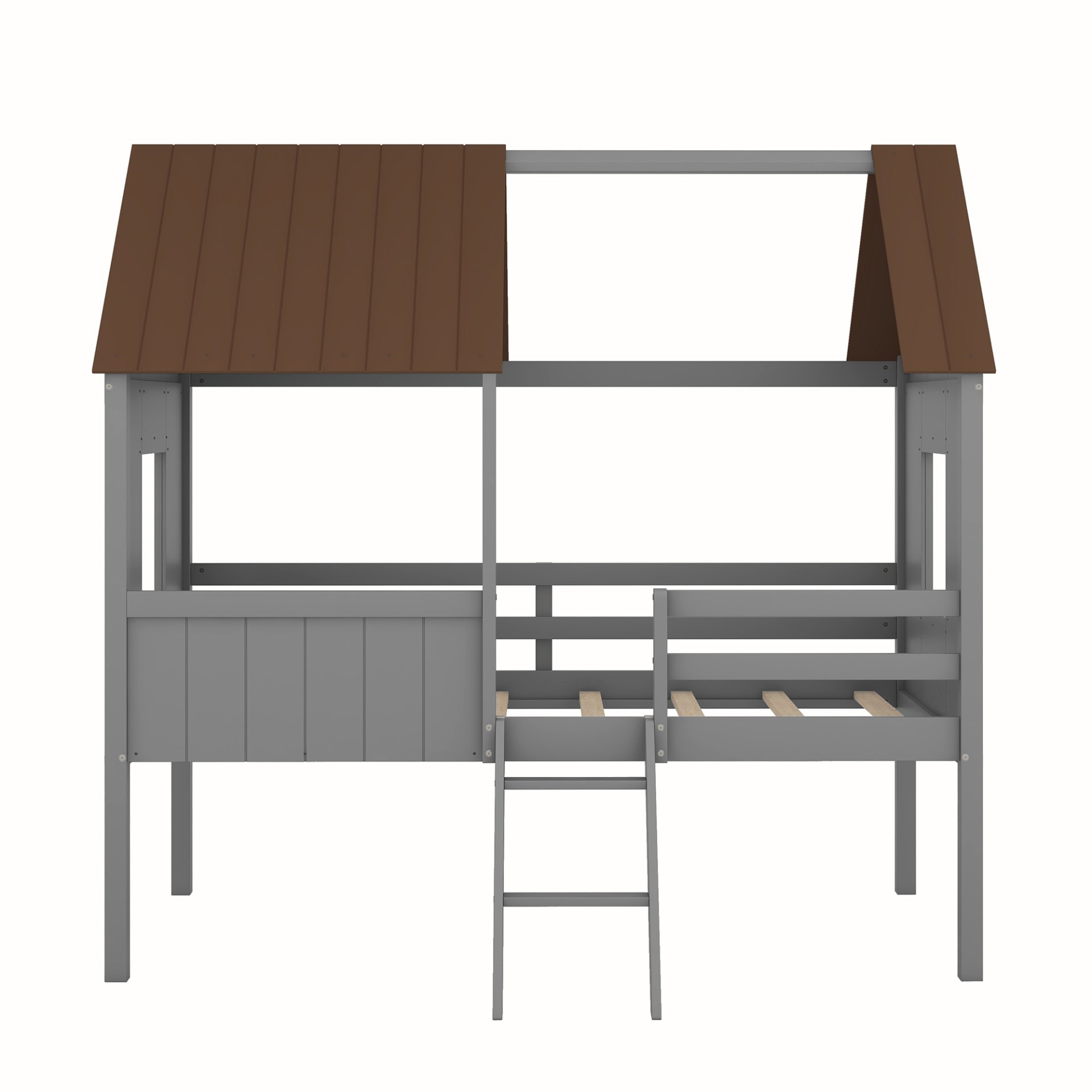 Twin Size Low Loft House Bed With Two Side Windows - Gray / Brown - Image 10