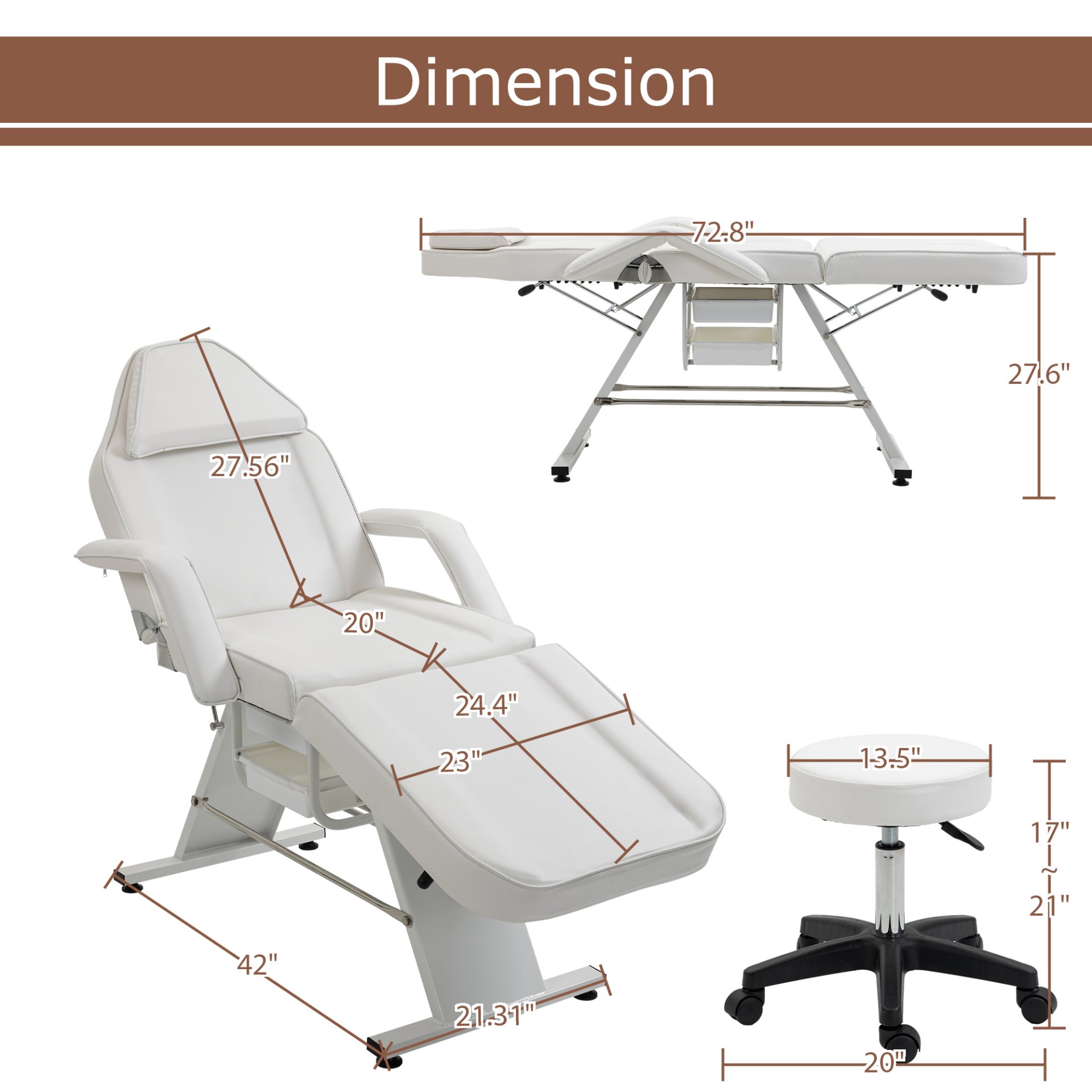 Massage Salon Tattoo Chair With Two Trays Esthetician Bed With Hydraulic Stool, Multi-Purpose 3-Section Facial Bed Table, Adjustable Beauty Barber Spa Beauty Equipment - White - Image 3