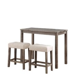 Lux - 3 Piece Counter Height Pub Table With Tufted Linen Stools (Set of 3) - Brown And Creamy White