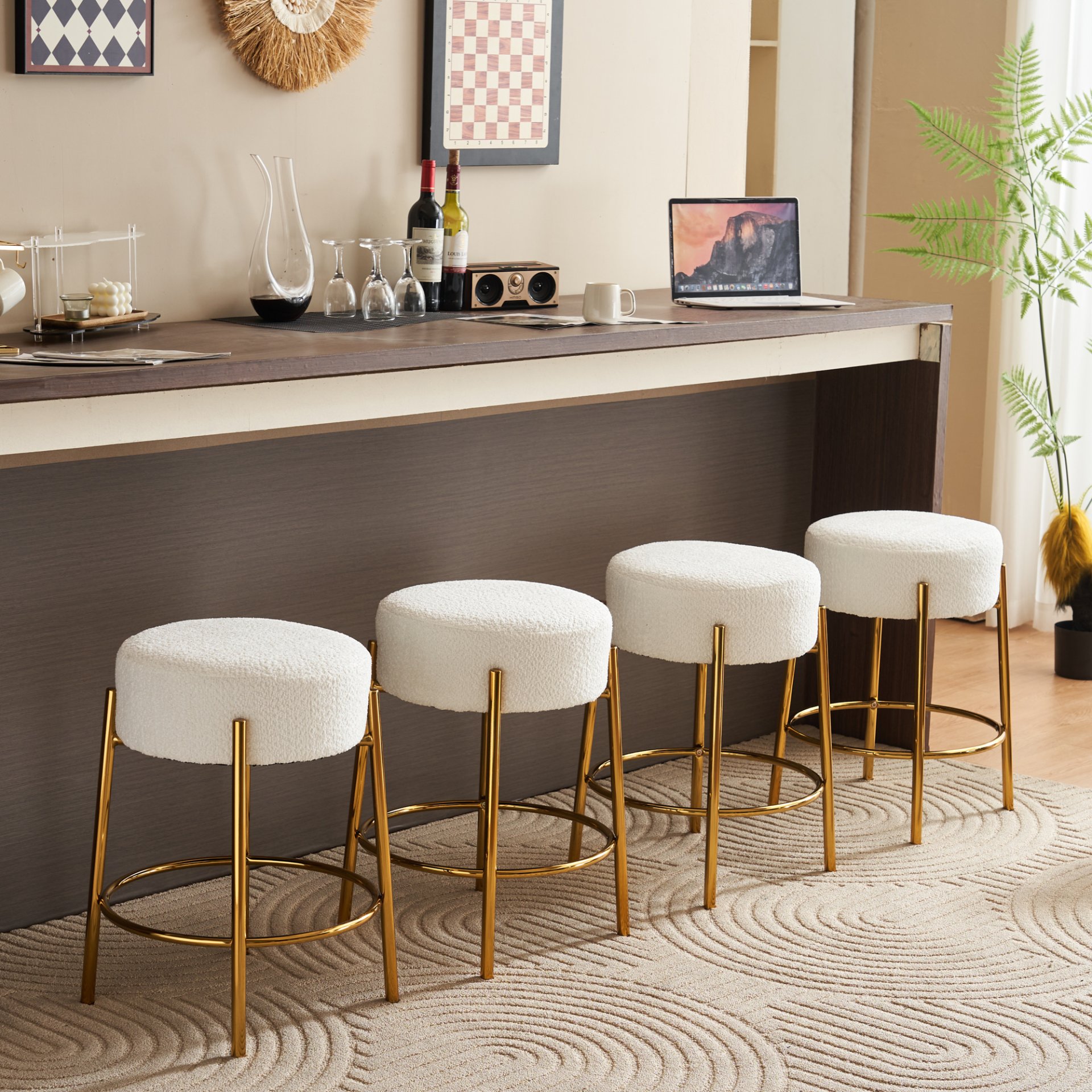 Round Bar Stools (Set of 2), Contemporary Upholstered Dining Stools For Kitchens, Coffee Shops And Bar Stores - White / Gold - Image 7
