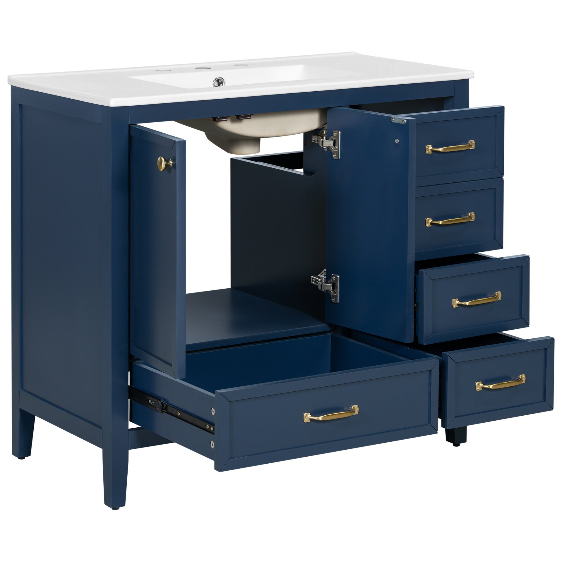 Elegant Vintage 36" Bathroom Vanity With Sink, Soft Closing Door, 4 Drawers Of Different Sizes Frame And Leg - Blue - Image 16