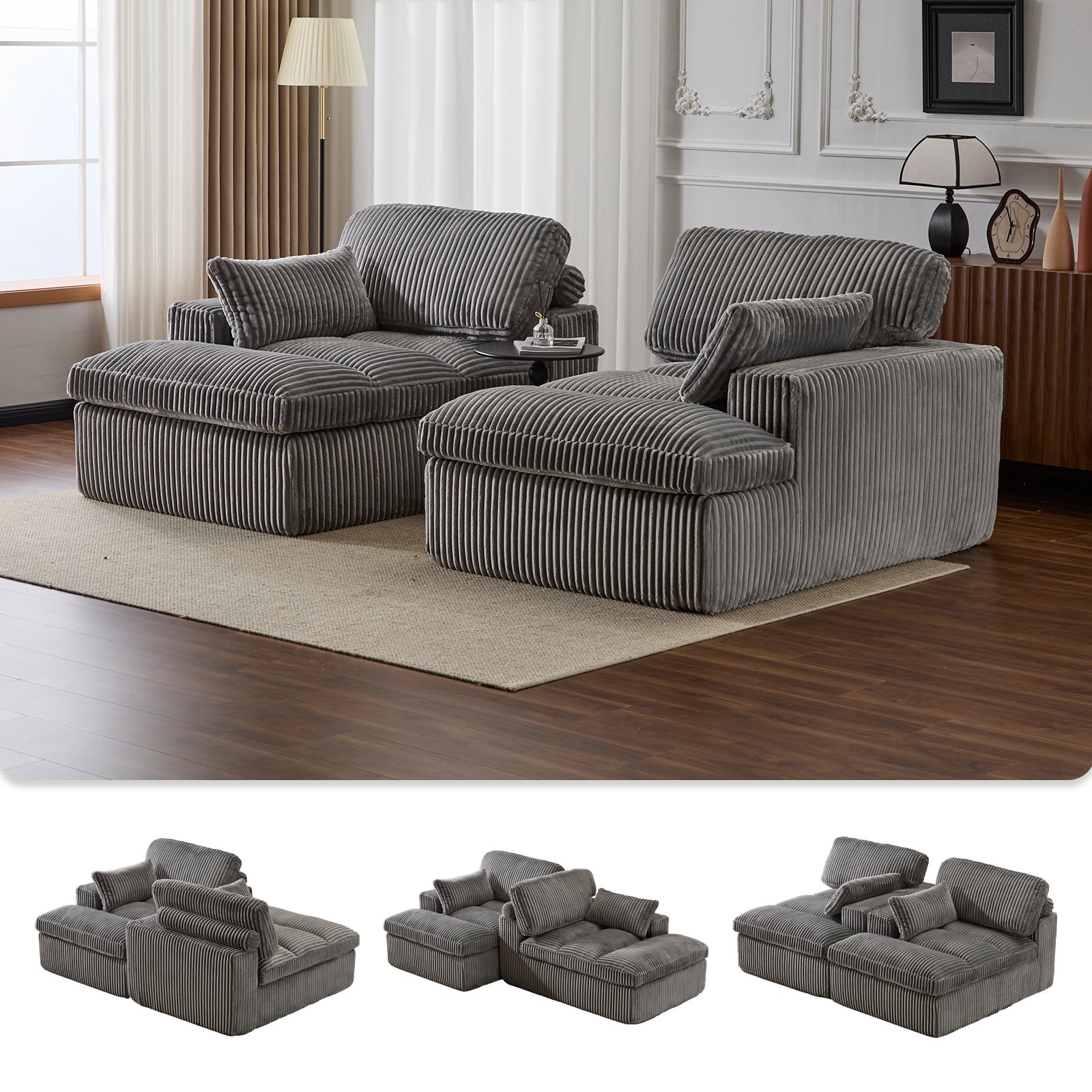 Double Chaise Lounge Chair Indoor, Oversized Upholstered Sleeper Cloud Couch, Deep Seat Sofa Bed - Gray - Image 4