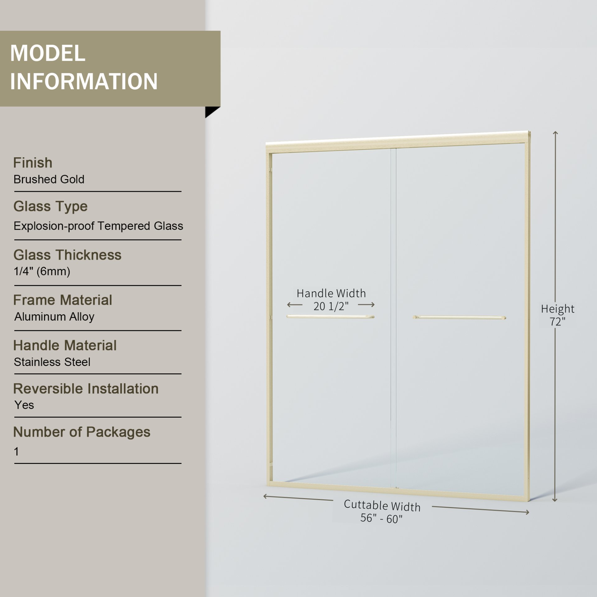 Double Sliding Shower Door, Semi Frameless Bypass Bathroom Sliding Door With 1 / 4" (6Mm) Tempered Glass For Walk In Shower - Brushed Gold - Image 3