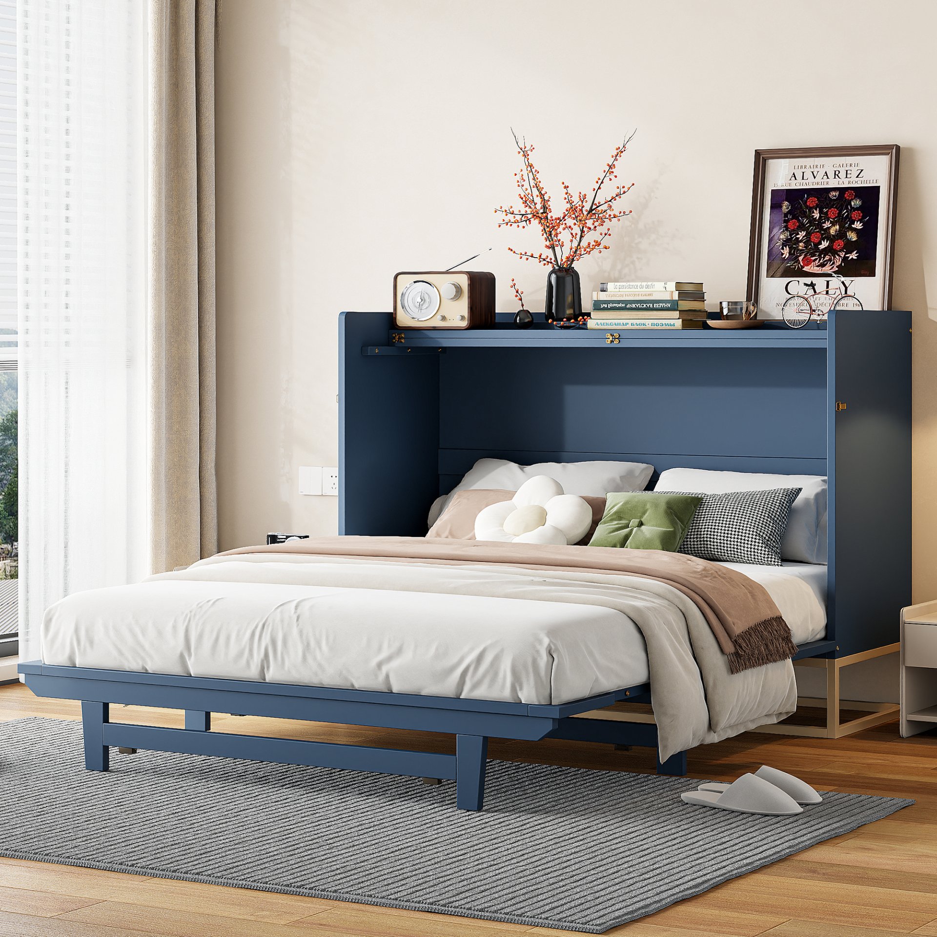 Queen Size Murphy Bed With Iron Legs, Modern Design - Blue - Image 2