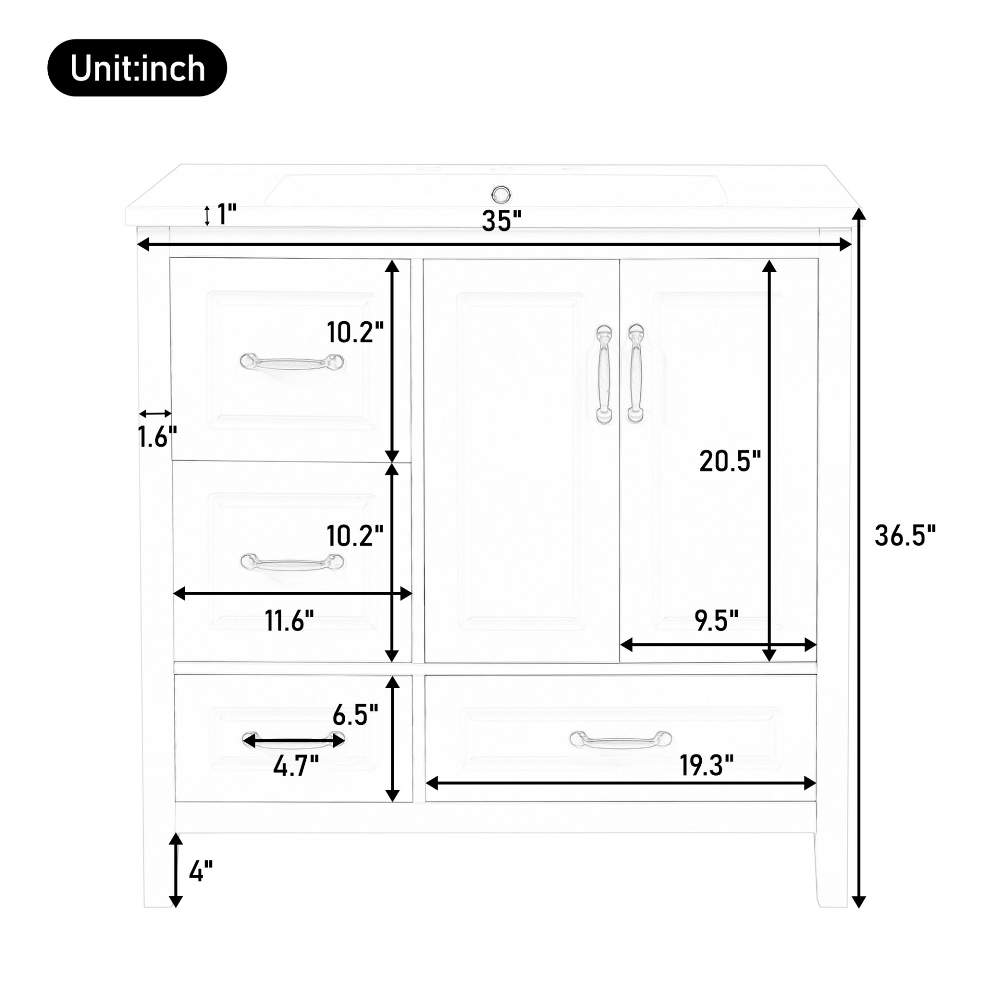 Bathroom Vanity With Sink, Soft Closing Doors & Drawers, Metal Handles - Black - Image 3