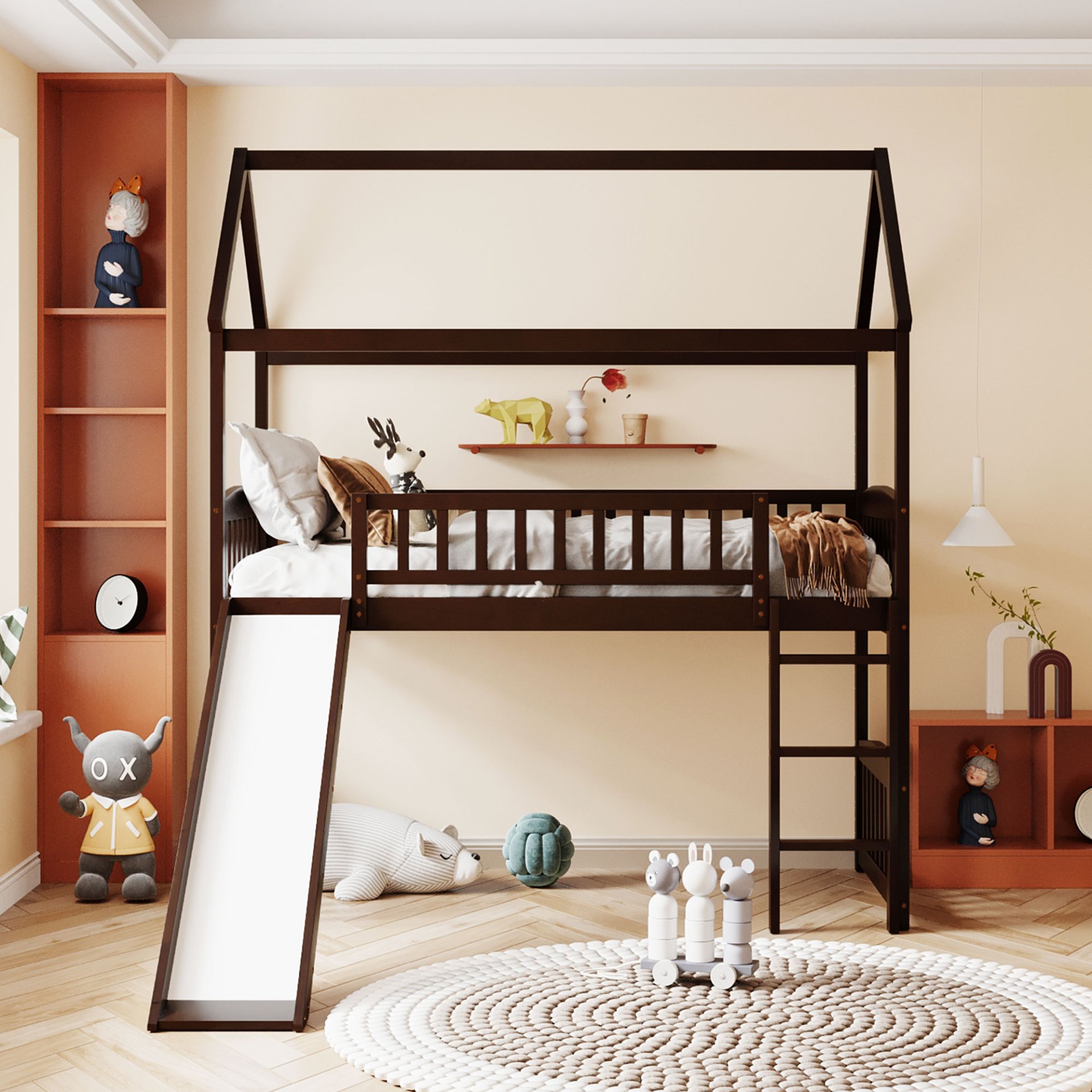 Twin House Loft Bed With Slide - Espresso - Image 2