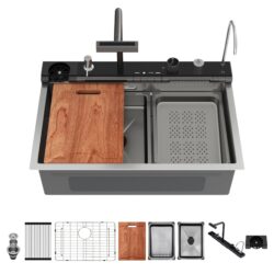 30" Kitchen Sink Waterfall Single Bowl Ledge Workstation With Smart LED Faucet, 16 Gauge T304 - Brushed Nickel