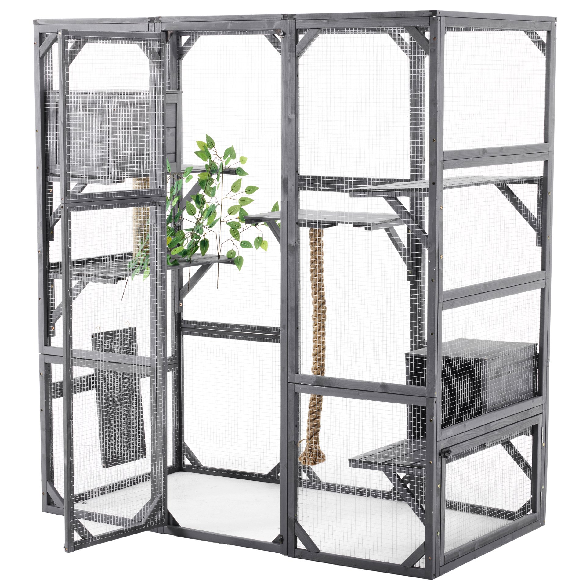 Outdoor Diy Cat House Catio With Double Enter Doors, Platforms, And Condos - Dark Gray - Image 7