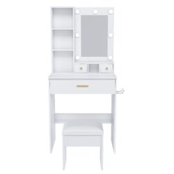 Vanity Table With Mirror, Adjustable LED Lights, Power Outlet, Hairdryer Holder & Stool - White
