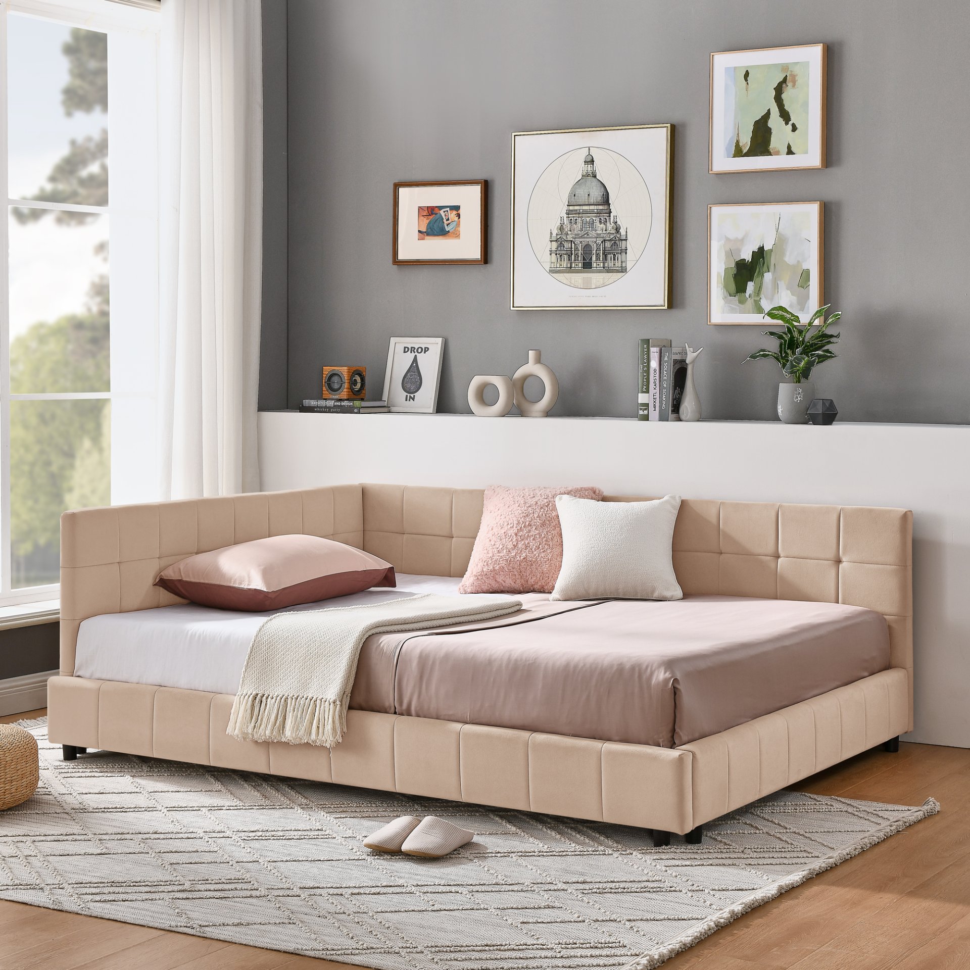 Mid Century Full Size Upholstered Tufted Bed Frame With Backrest And Armrests Velvet - Pink - Image 4