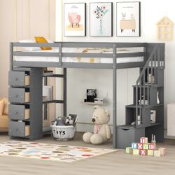 Twin Size Loft Bed With Storage Drawers And Stairs With Shelves - Gray