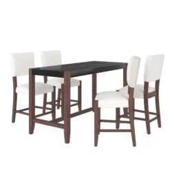 5 Piece Counter Height Dining Set, Faux Marble Bar Table With 4 Upholstered Chairs, Mid Century Style For Kitchen - Black / Beige