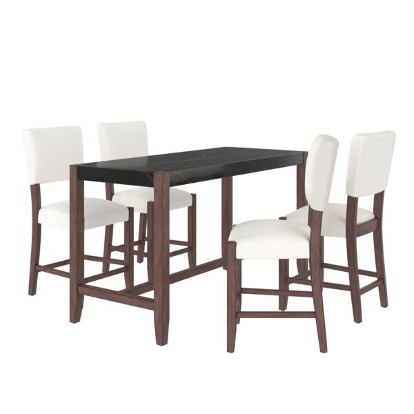 5 Piece Counter Height Dining Set, Faux Marble Bar Table With 4 Upholstered Chairs, Mid Century Style For Kitchen - Black / Beige