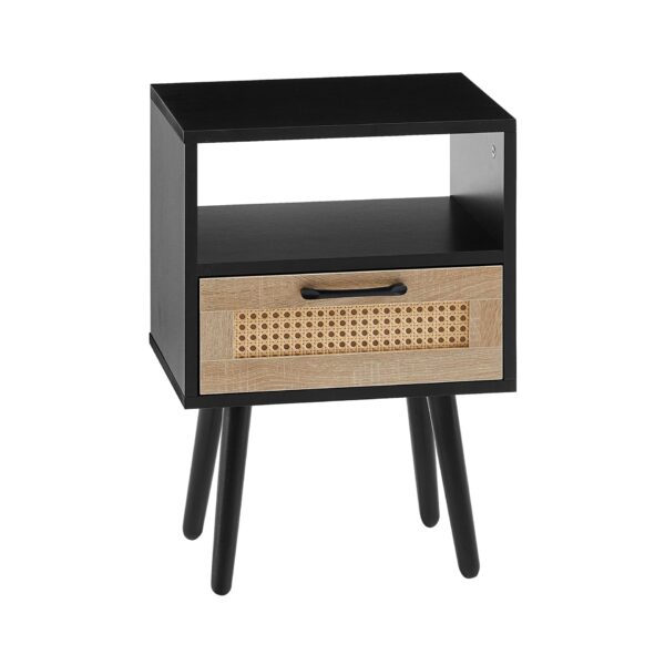 15.75" Rattan End Table With Drawer And Solid Wood Legs, Modern Nightstand, Side Table For Living Room, Bedroom - Black