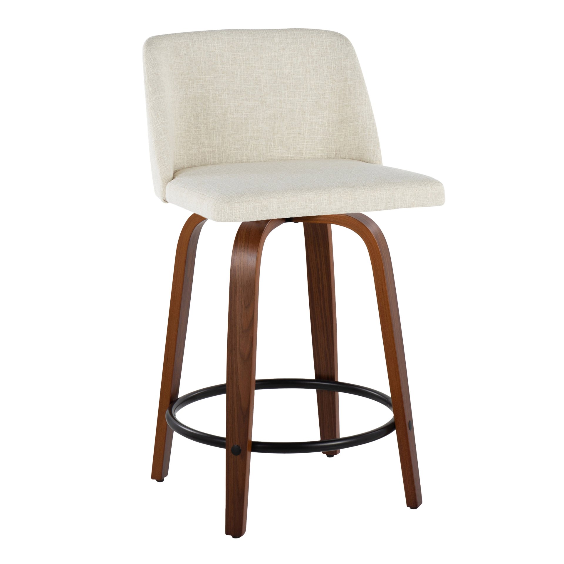 Toriano - Mid-Century Modern Fixed Height Counter Stool With Swivel With Round Footrest (Set of 2) - Walnut / Cream / Black - Image 2