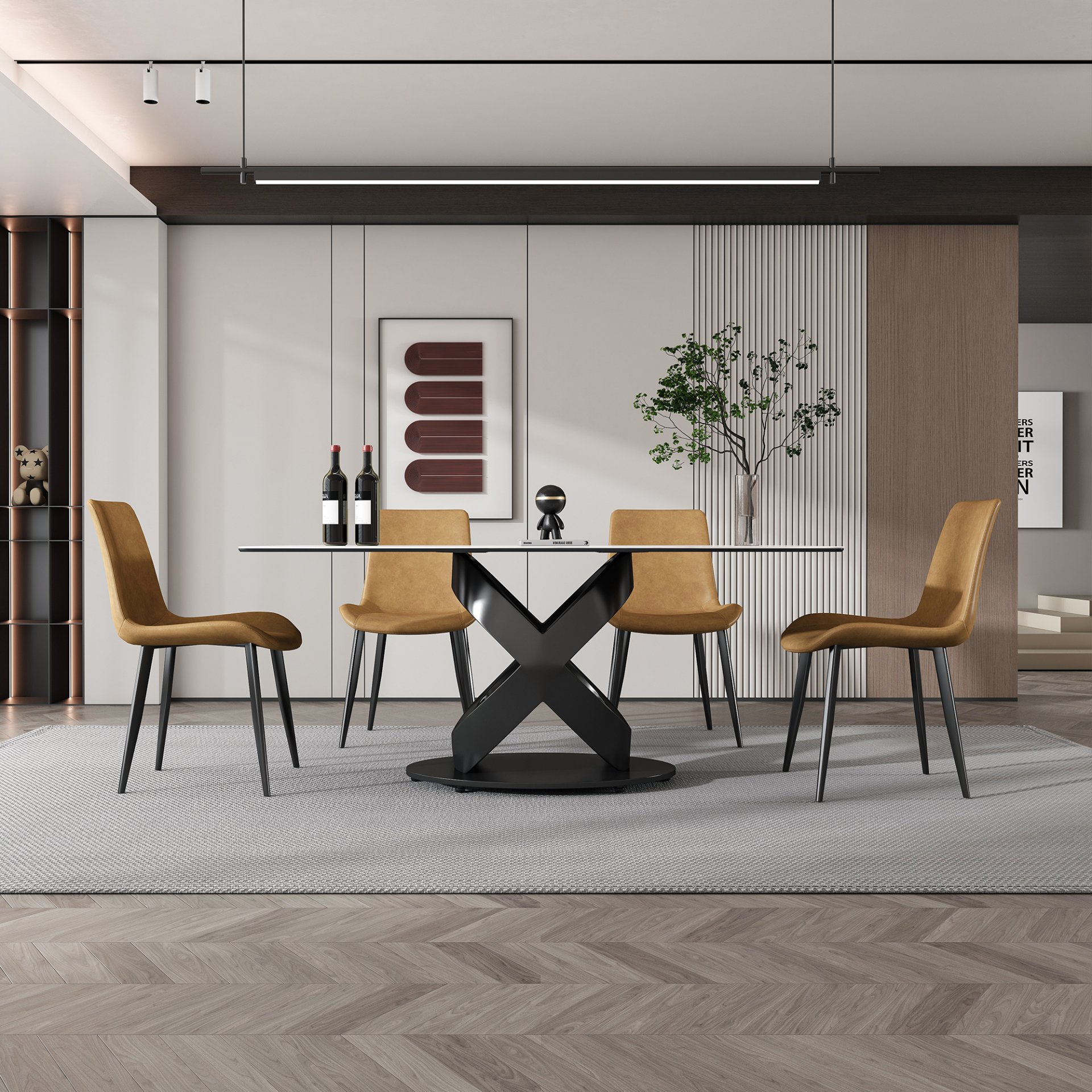 Rectangular Dining Table, For Dinner Party, 4 Chairs - Black / White - Image 6