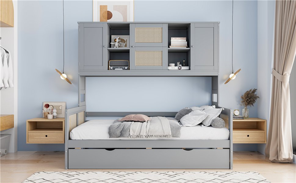 Twin Size Wooden Daybed With Twin Size Trundle, And All In One Cabinet And Shelf - Gray - Image 3