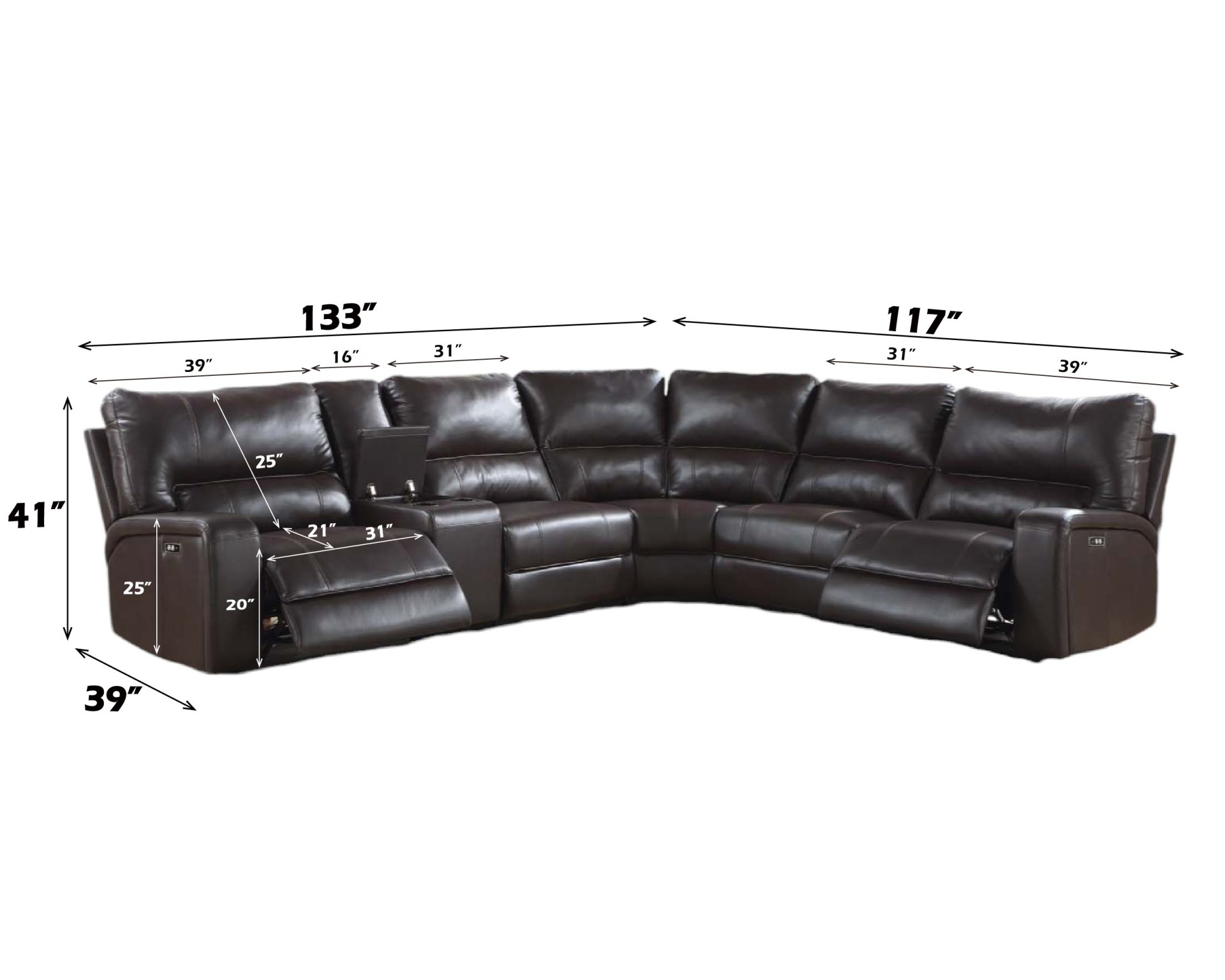 Saul - Faux Leather Power Recliner Sectional Sofa With USB Port Cupholder Console - Espresso - Image 2