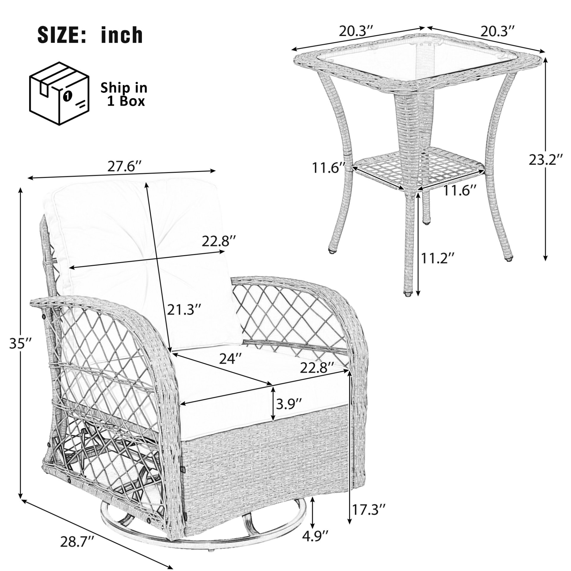 3 Piece Outdoor Chair & Table Set Chat Set 2 Person Rattan Seating Group With 2 Swiveling And Rocking Chairs And A Square Table For Garden, Patio, Or Balcony - Natural - Image 3