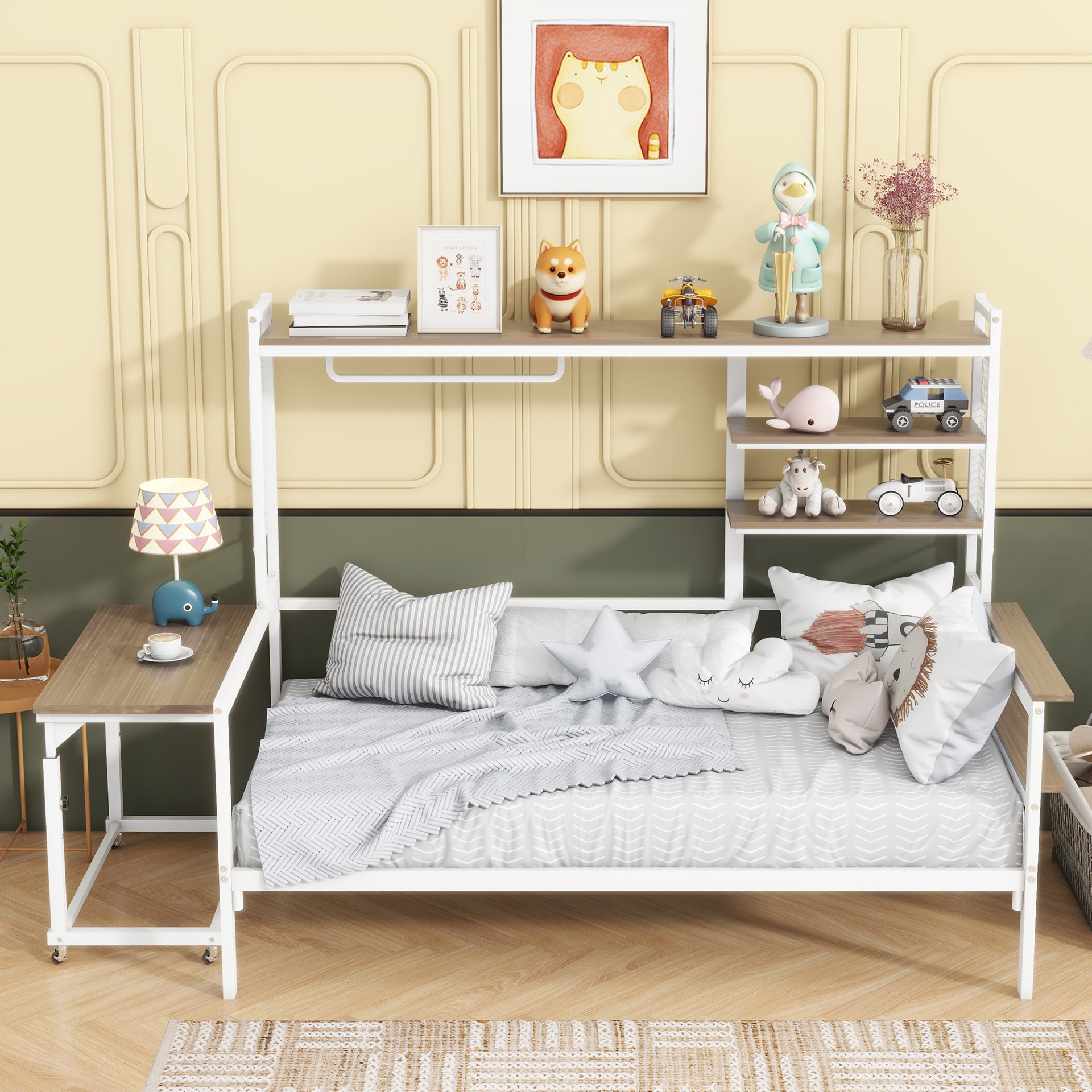Twin Size Daybed With Movable Desk, Grid, Shelves And Clothes Hanger - White - Image 2