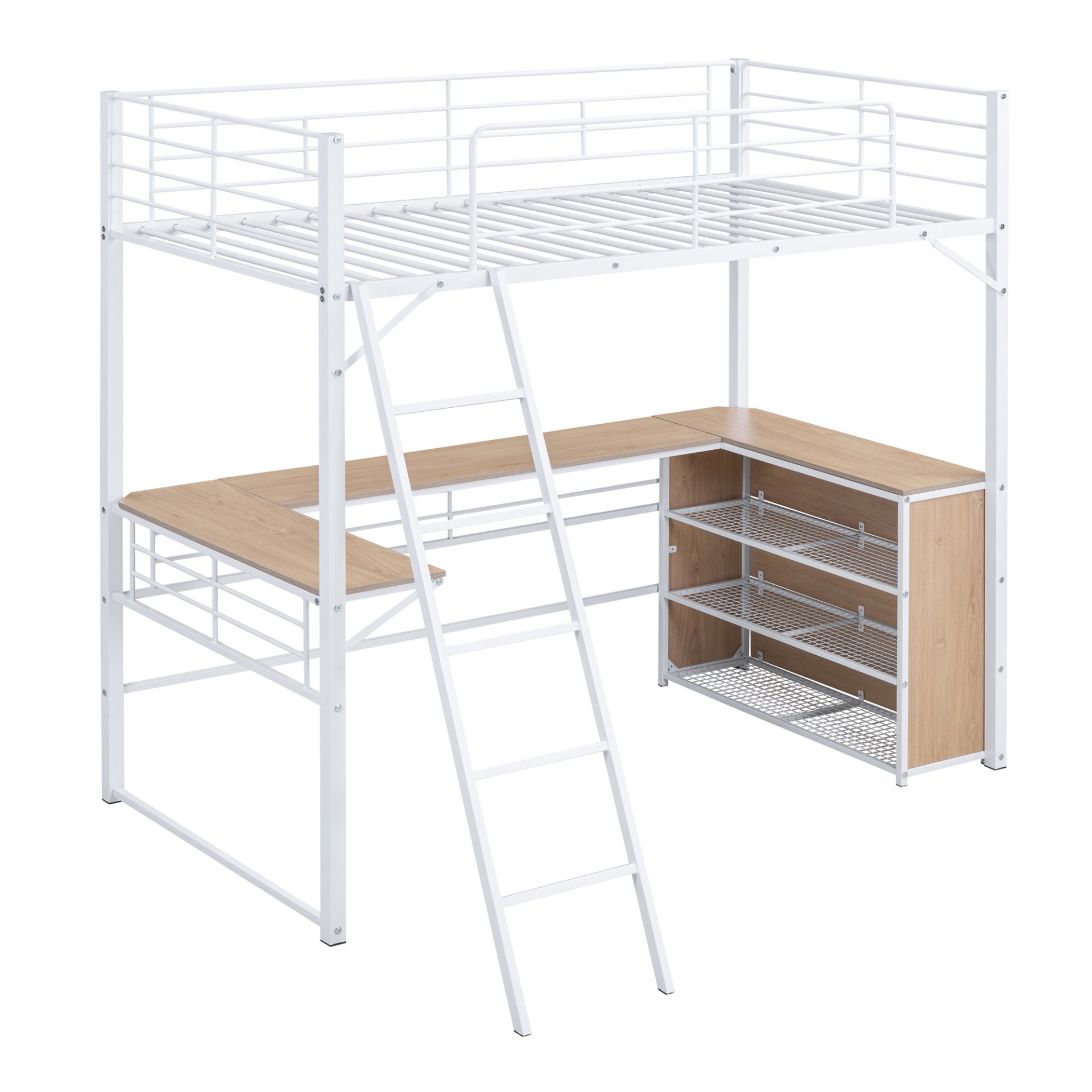 Twin Size Loft Bed With 3 Layers Of Shelves And L-Shaped Desk - White - Image 6