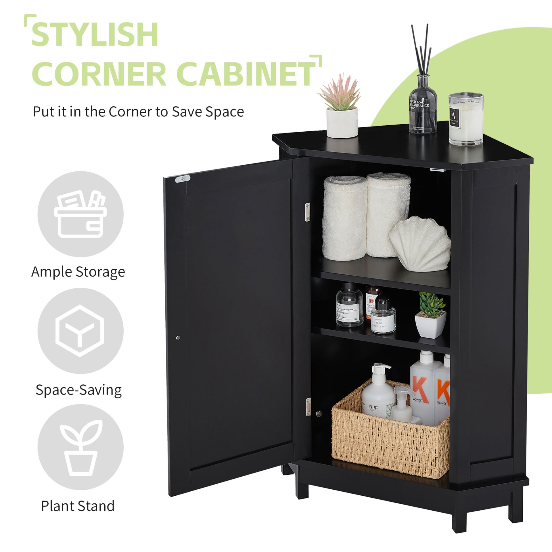 Bathroom Cabinet Triangle Corner Storage Cabinet With Adjustable Shelf Modern Style - Black - Image 5