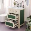 Bathroom Vanity With Ceramic Sink, Bathroom Vanity Cabinet With 2 Drawers, Wooden Bathroom Sink Cabinet - Beige / Green - Image 4