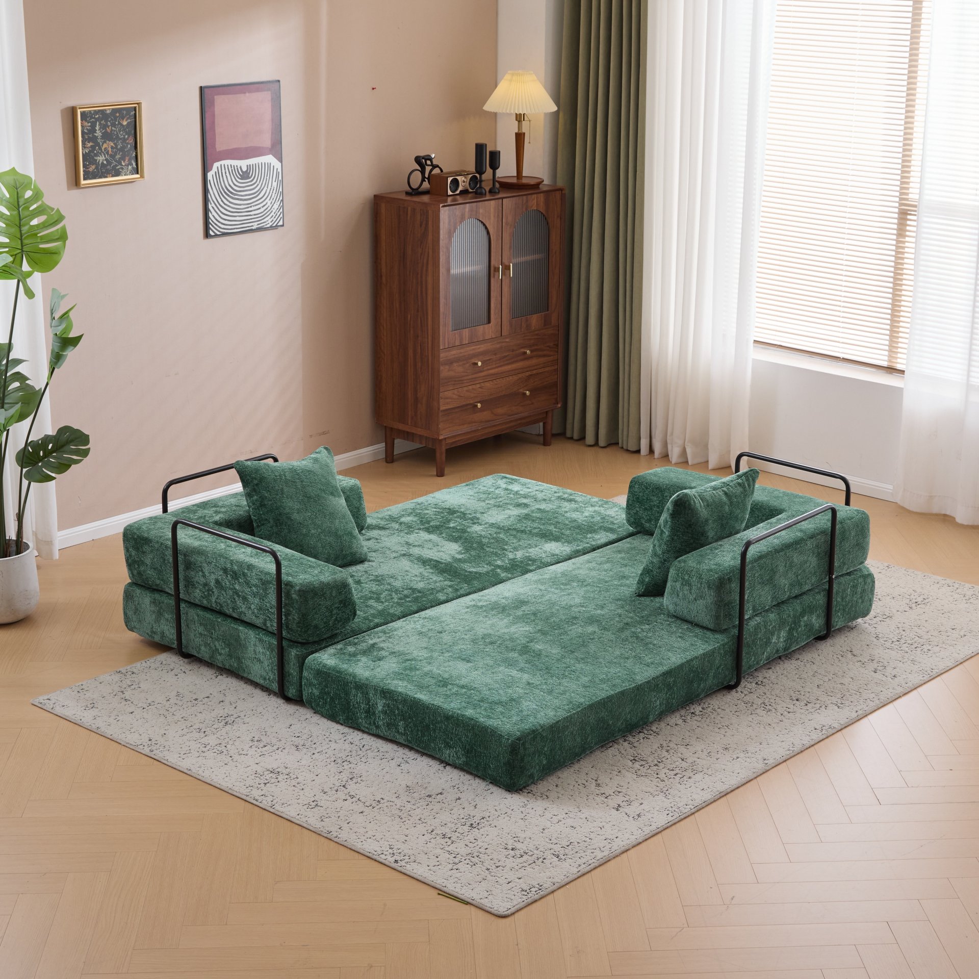 Floor Couch, Compression Sofa, Convertible Floor Sofa Bed & Pillow Back Support Armrest - Dark Green - Image 11