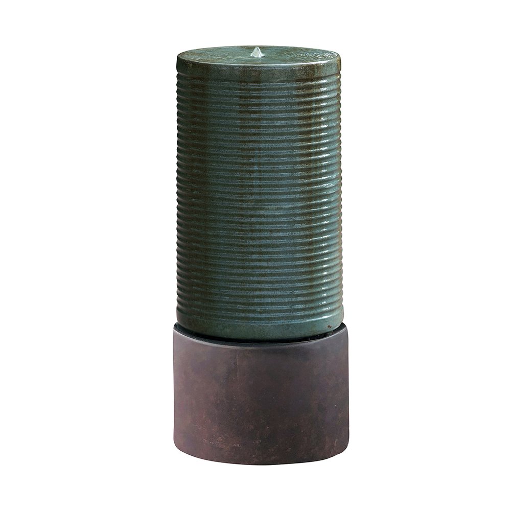 Tall Large Modern Cylinder Ribbed Tower Water Fountain With Rustic Base, Contemporary Antique Green Copper Outdoor Bird Feeder / Bath Cement Fountain - Antique Green - Image 2