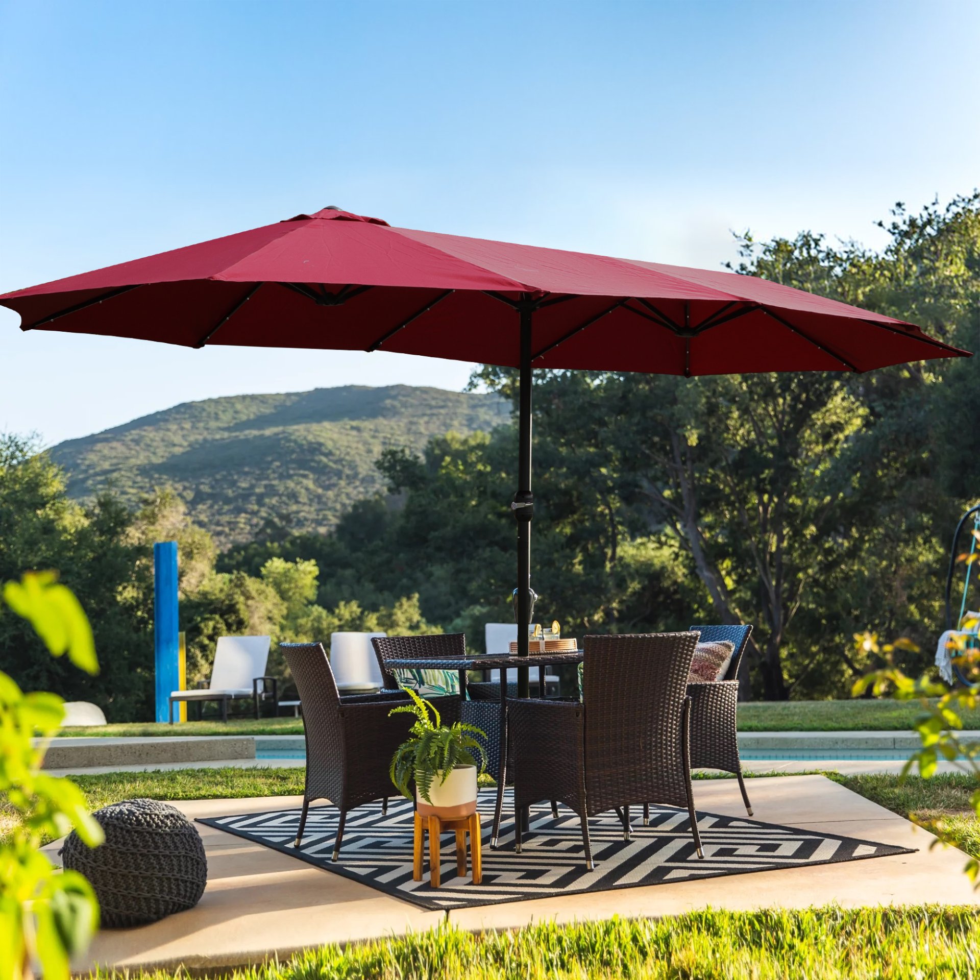 15 X 9 Ft Large Double Sided Rectangular Outdoor Twin Patio Market Umbrella With Light And Base - Red - Image 4