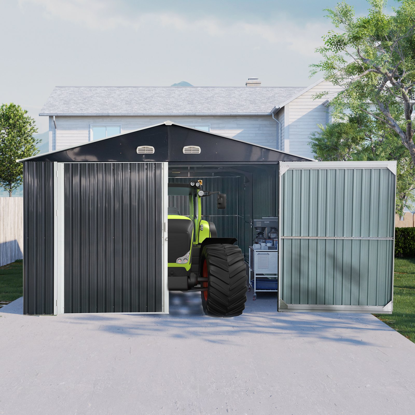 Outdoor Storage Shed Metal Garage Shed For Car, Bike, Lawnmower Backyard Tool House Building 2 Doors And 4 Vents - Black - Image 9