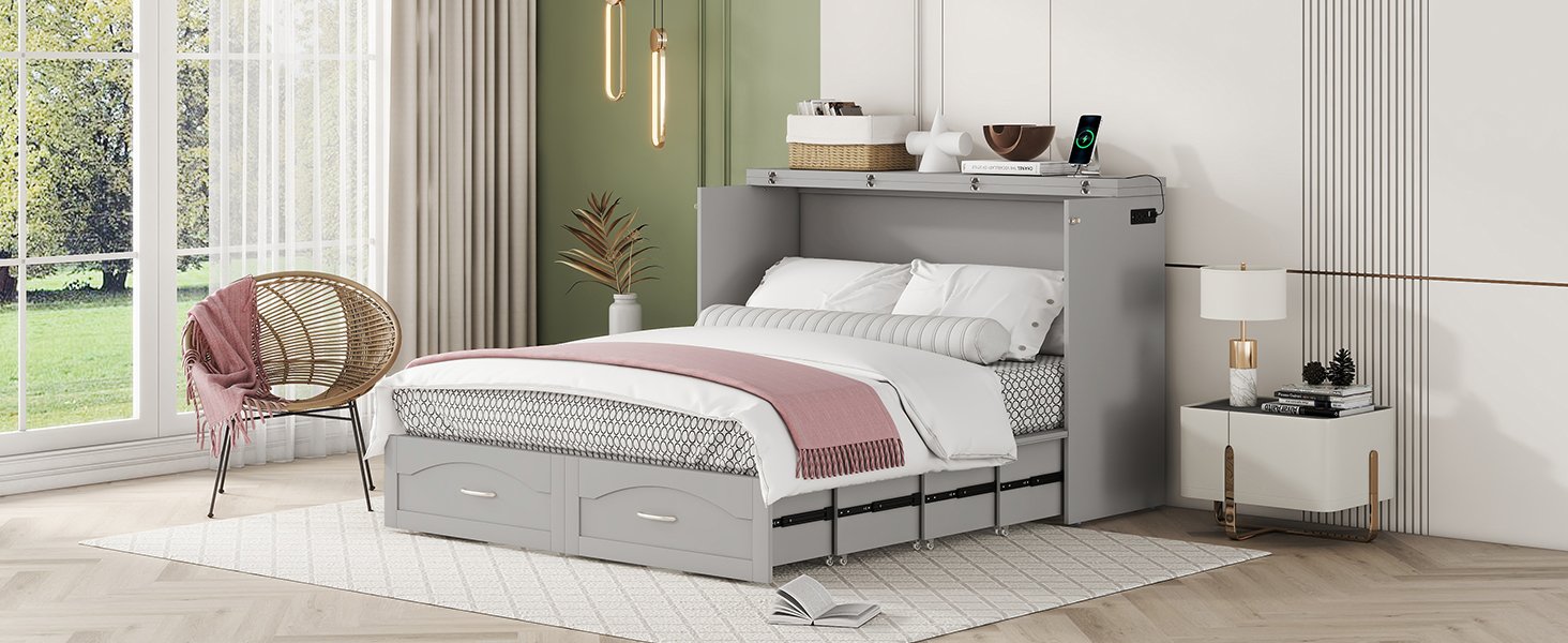 Queen Size Murphy Wall Bed With Drawer And A Set Of Sockets & USB Ports, Pulley Structure Design - Gray - Image 15