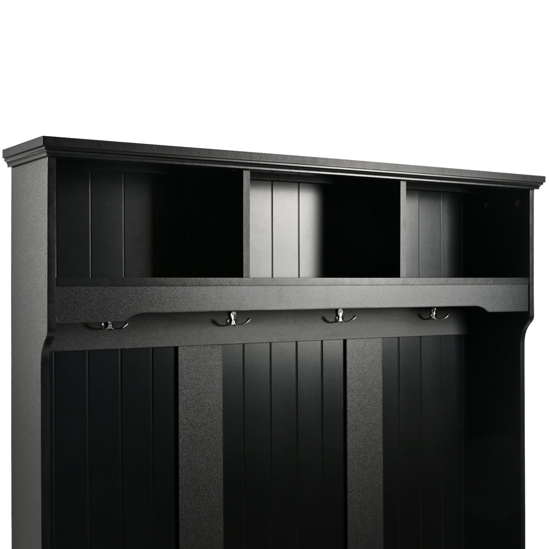 5 In 1 Entryway Bench With Shutter - Shaped Doors, Coat Rack, Cushion And 4 Sturdy Hooks, Wide Hall Tree With Storage Bench For Hallway, Entryway, Living Room - Black - Image 9